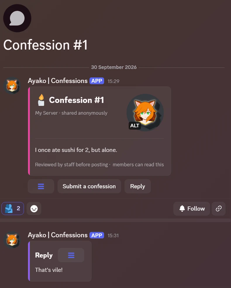 A confession as Discord shows it, in a forum post titled Confession #1. A pink bar runs down a card with the heading Confession #1, the line My Server, shared anonymously, a round picture and the confession text. Below the card are a menu button, Submit a confession and Reply. Further down is a reply with no name on it.