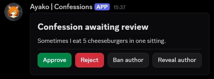 A review card in Discord titled Confession awaiting review. It shows the confession text and four buttons: Approve, Reject, Ban author and Reveal author.