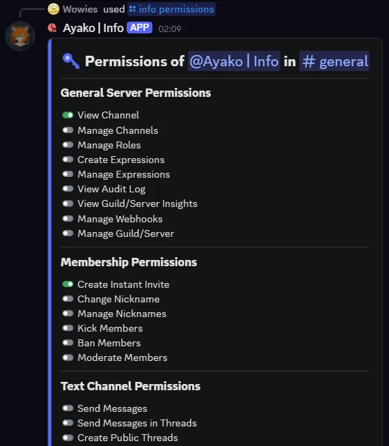 The output of the info permissions command in Discord, listing every permission in named groups with each one switched on or off.