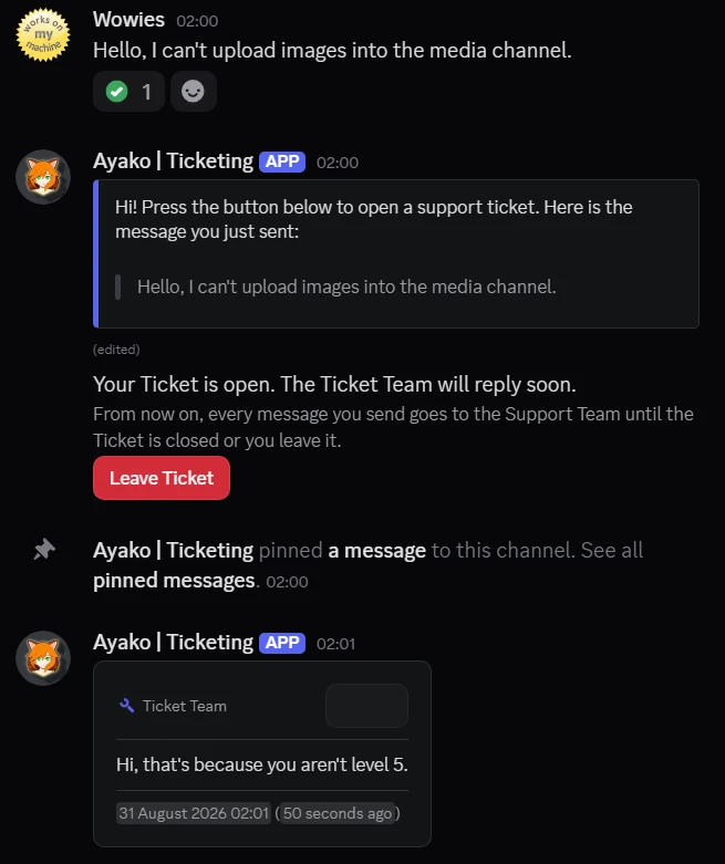 A member's direct messages with the bot: they report a problem, the bot opens a ticket, and a staff answer arrives in the same conversation.