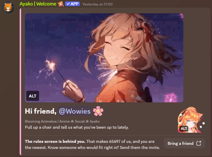 The greeting as Discord renders it: a pink accent bar down the left, a wide banner, a headline mentioning the new member with the server icon beside it, and a Bring a friend button.