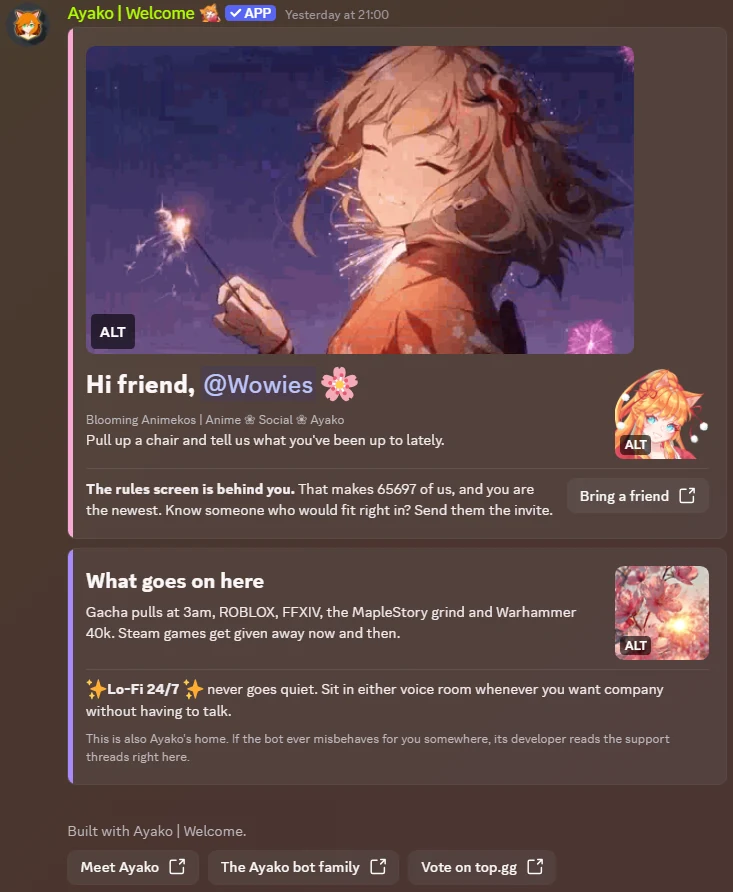 The greeting as Discord renders it. A pink accent bar runs down the first block, which holds a wide banner, a headline mentioning the new member with the server icon inline beside it, and a Bring a friend button. A lavender bar runs down the second block, with artwork beside a paragraph about the server. Three link buttons close it.